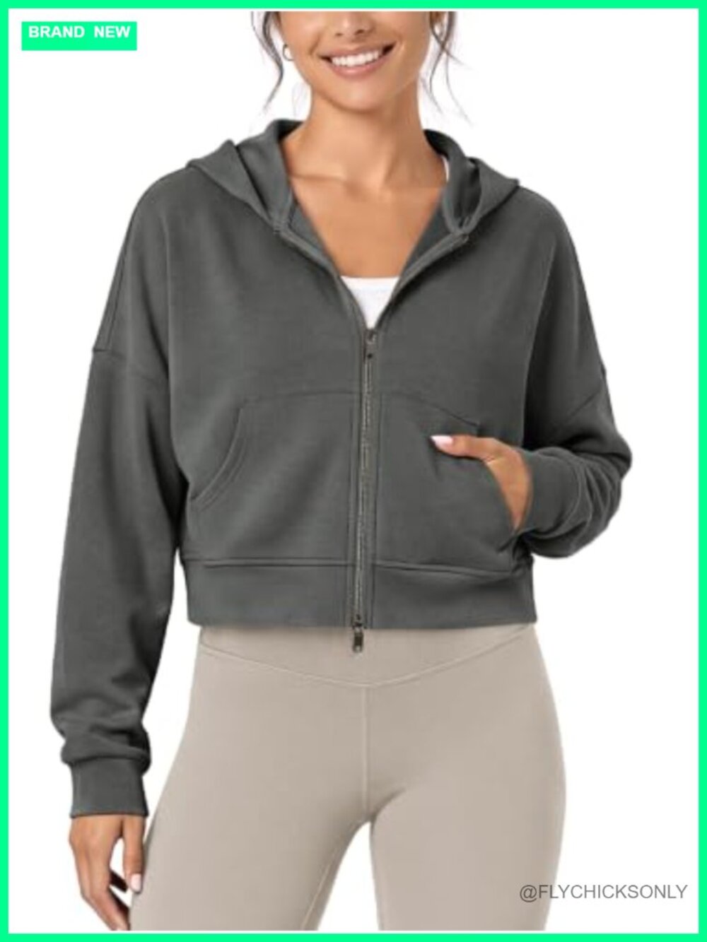 Modal Soft Full-Zip Cropped Hoodie with Pockets Long Sleeve Casual